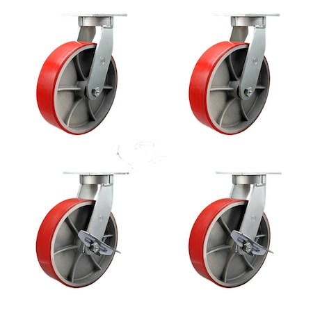 Service Caster 12'' Heavy Duty Red Poly on Cast Iron Wheel Swivel Caster Set with 2 Brakes, 4PK CRAN-SCC-KP92S1230-PUR-RS-2-SLB-2
